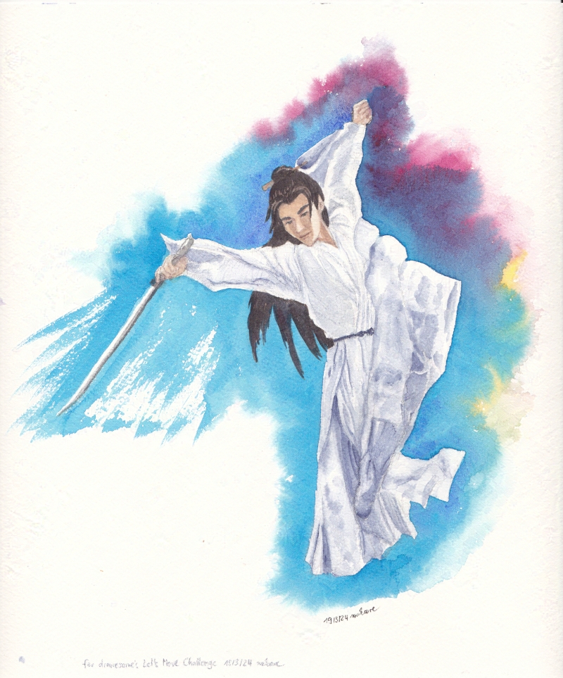 man dancing with his sword, his robes flying around him